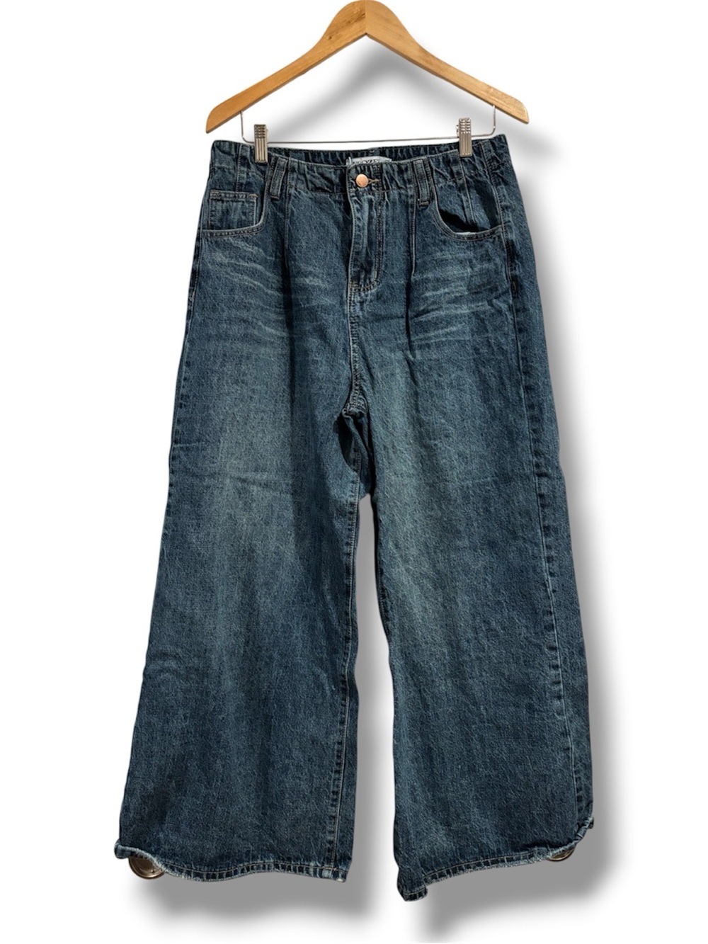 UOOZEE Wide Leg High Rise Denim Jeans Blue XXL 32” 100% Cotton Distressed Hem